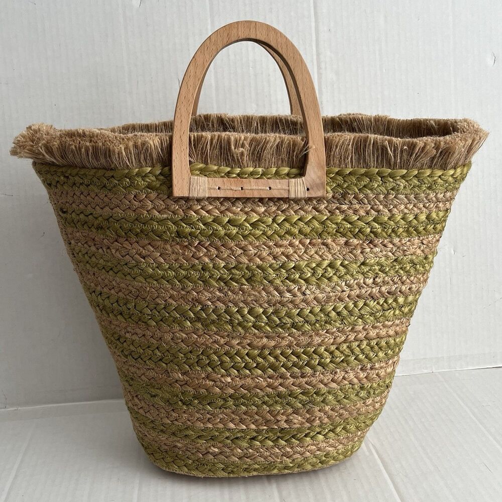 ANTIK KRAFT Woven Jute Tote Bag Wood Handles Beach Boho Market Basket Coastal - Picture 5 of 16